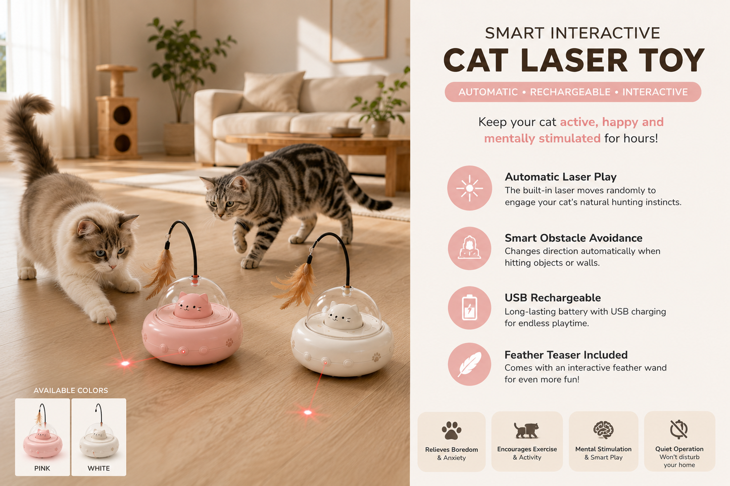 Smart Interactive Cat Laser Toy™ – Automatic Feather & Laser Play Toy